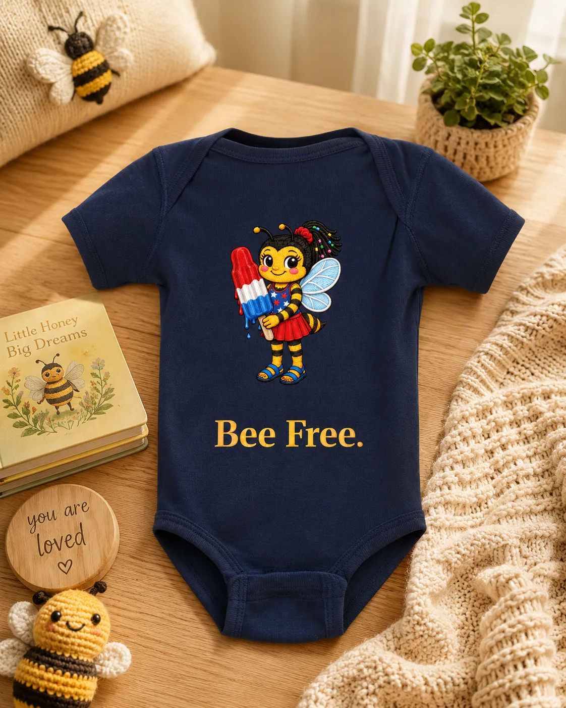 A navy Bee Cheever onesie with the Bee Free print, styled on a nursery table.
