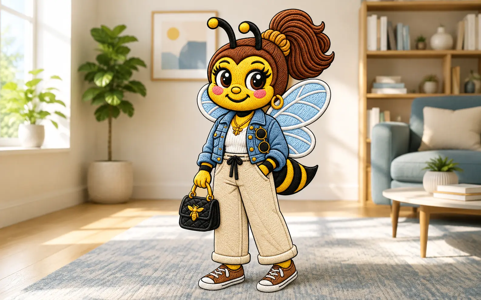 The Bee Stylish character in a sunlit living room, in a denim jacket and wide-leg trousers with a quilted handbag.