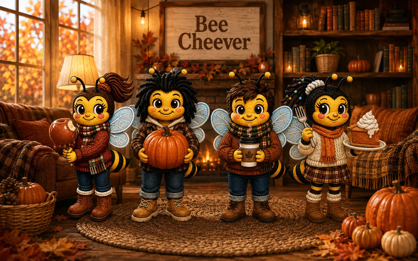 The four Bee Cheever fall characters in a cosy autumn room, holding a caramel apple, a pumpkin, a coffee and a slice of pumpkin pie.