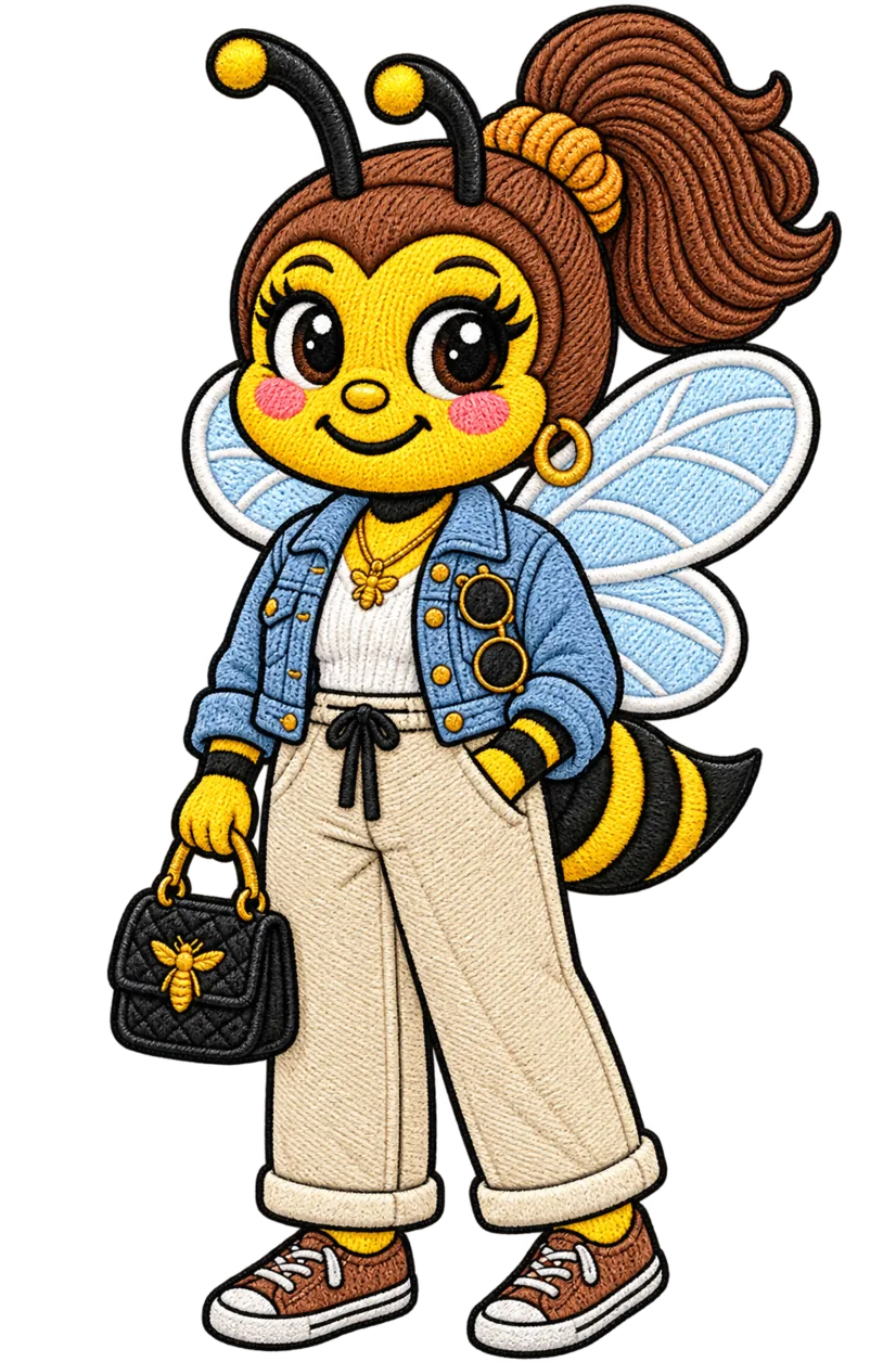 The Bee Stylish character: a bee in a denim jacket and wide-leg trousers, carrying a quilted handbag