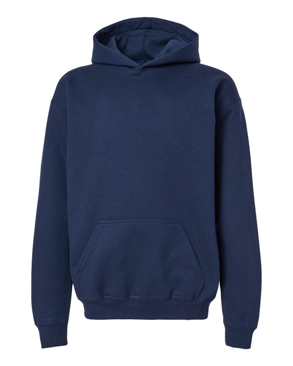 Youth Hoodie in navy, front view.