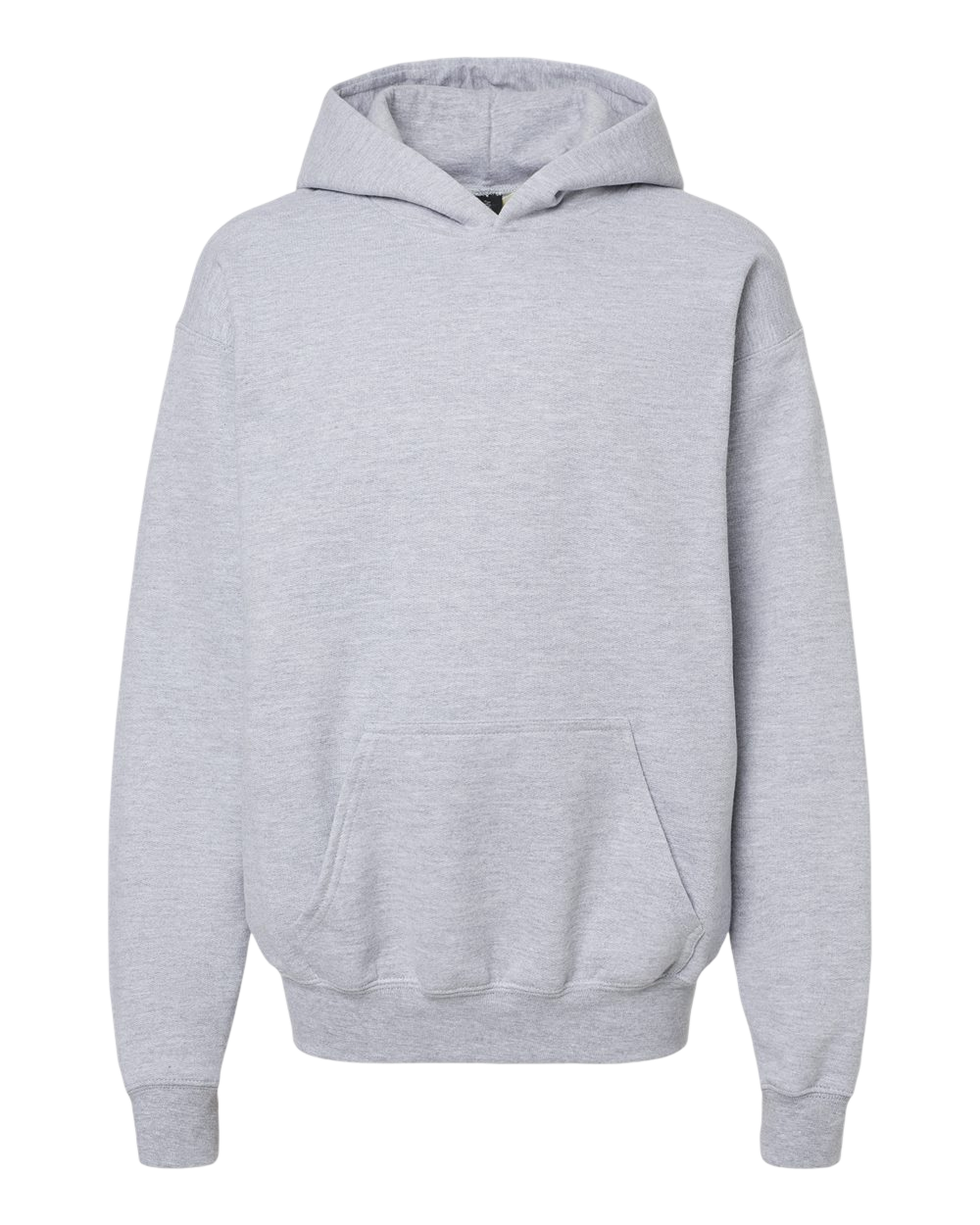 Youth Hoodie in sport gray, front view.