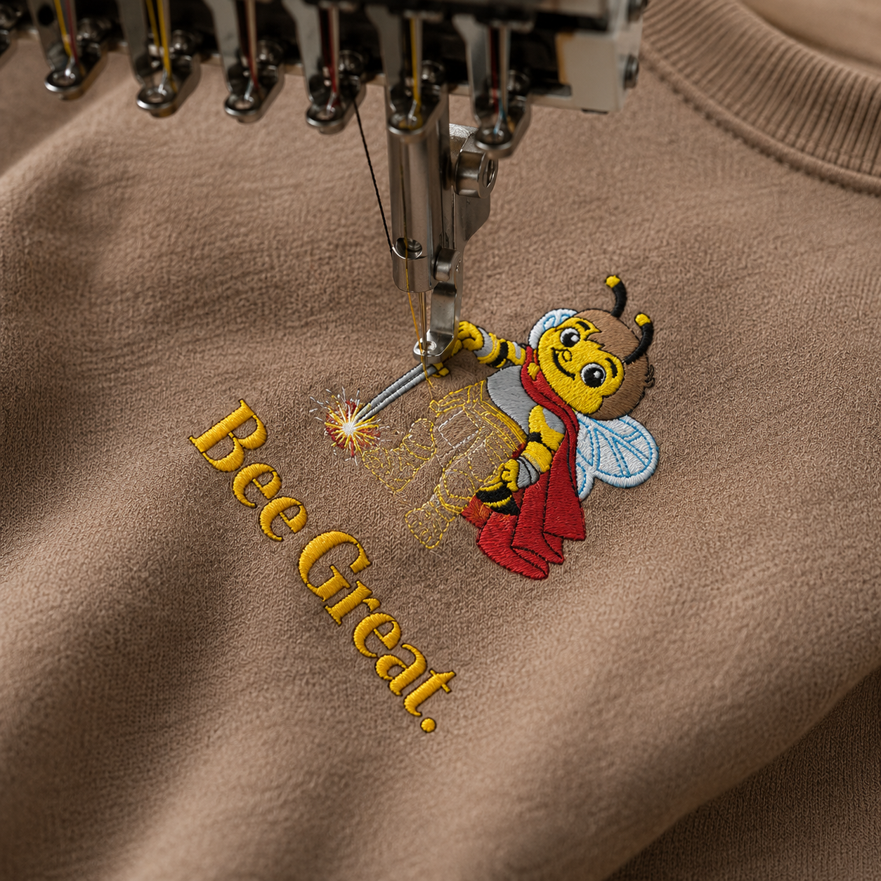 A Bee Cheever sweatshirt being embroidered with the Bee Great character on an embroidery machine.